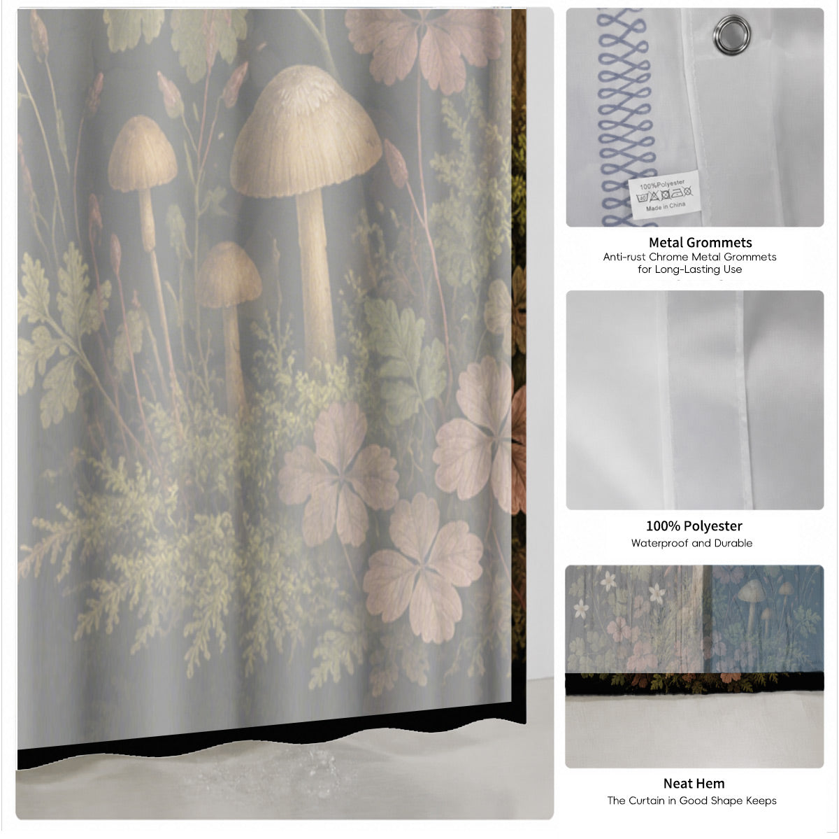 Vintage Botanical Mushroom Shower Curtain Dark Academia Waterproof Decor