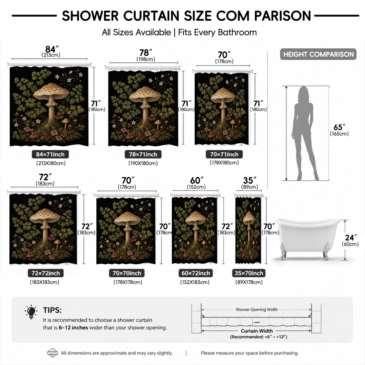 Vintage Botanical Mushroom Shower Curtain Dark Academia Waterproof Decor