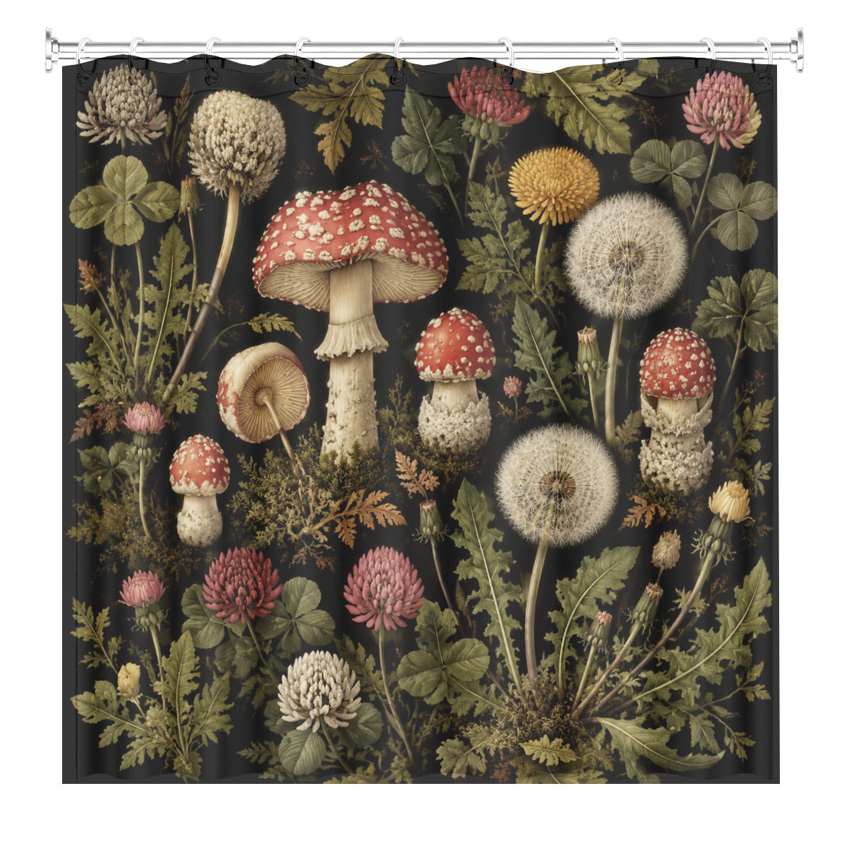 Vintage Botanical Mushroom Shower Curtain Dark Academia Waterproof Decor