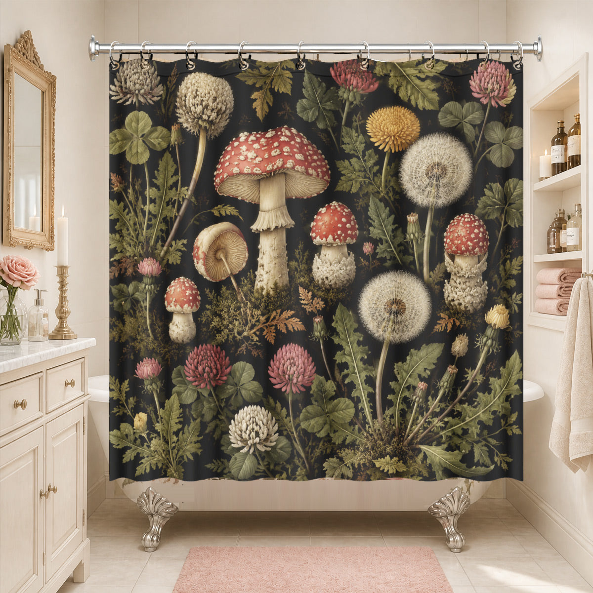 Vintage Botanical Mushroom Shower Curtain Dark Academia Waterproof Decor