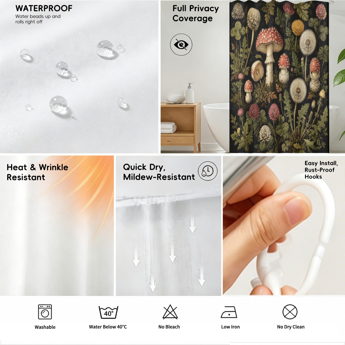 Vintage Botanical Mushroom Shower Curtain Dark Academia Waterproof Decor