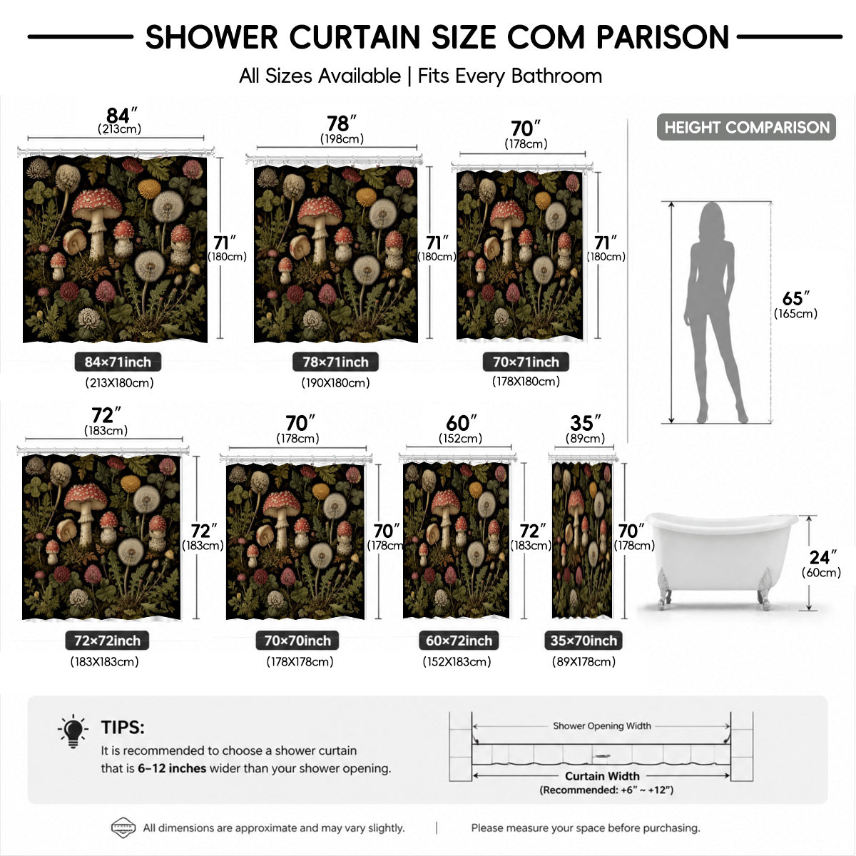Vintage Botanical Mushroom Shower Curtain Dark Academia Waterproof Decor