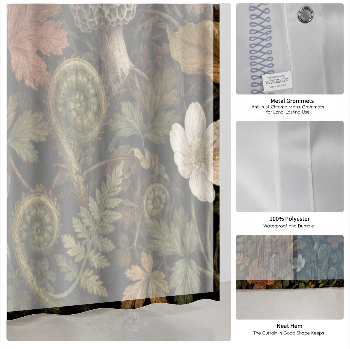 Vintage Botanical Mushroom Shower Curtain Dark Academia Waterproof Decor
