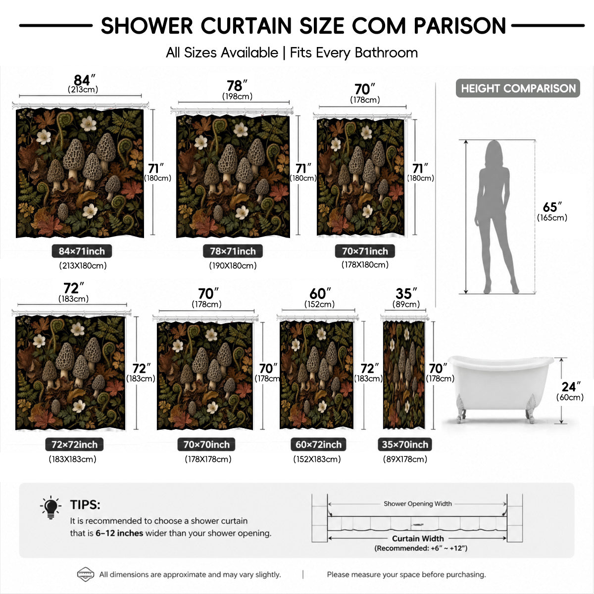 Vintage Botanical Mushroom Shower Curtain Dark Academia Waterproof Decor
