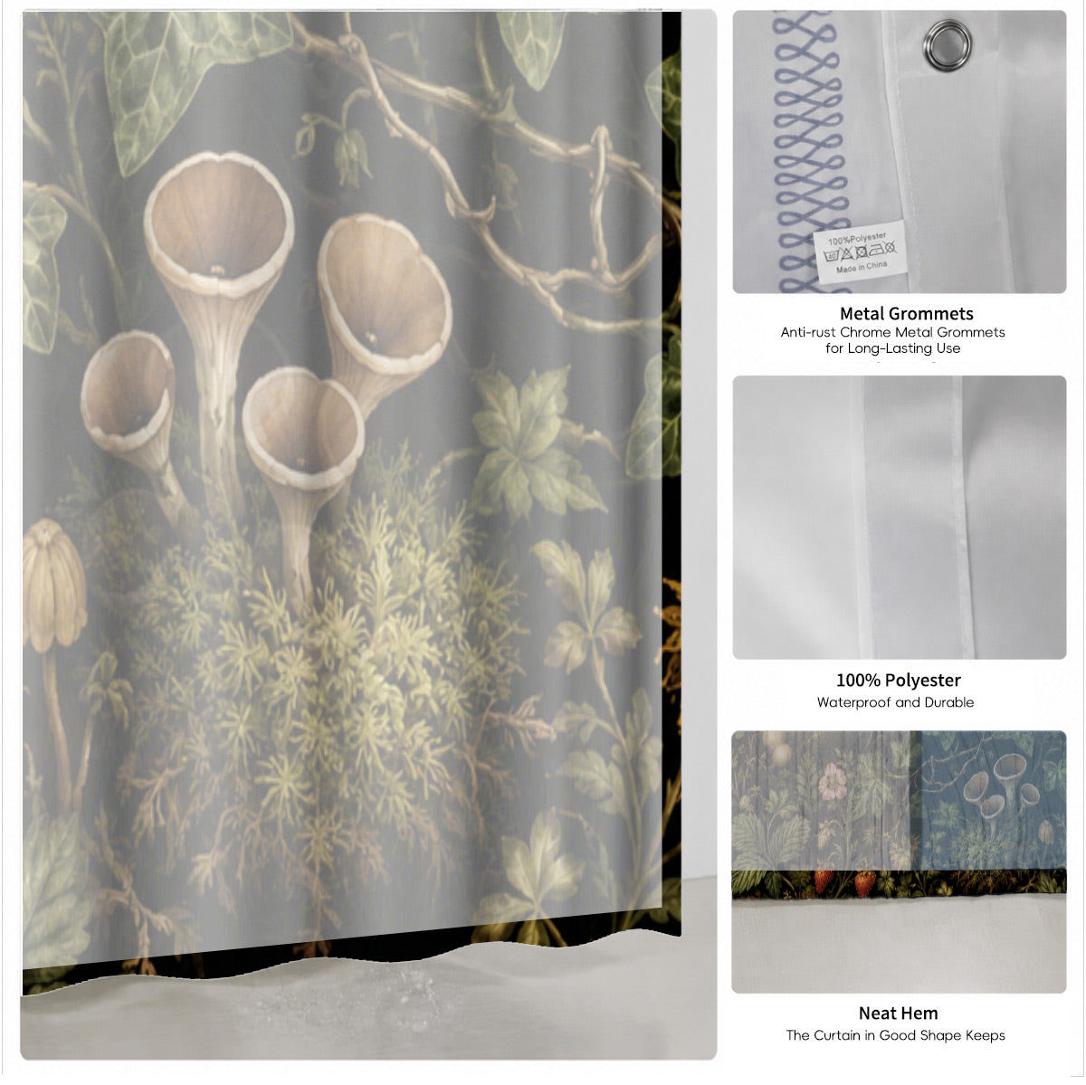 Vintage Botanical Mushroom Shower Curtain Dark Academia Waterproof Decor