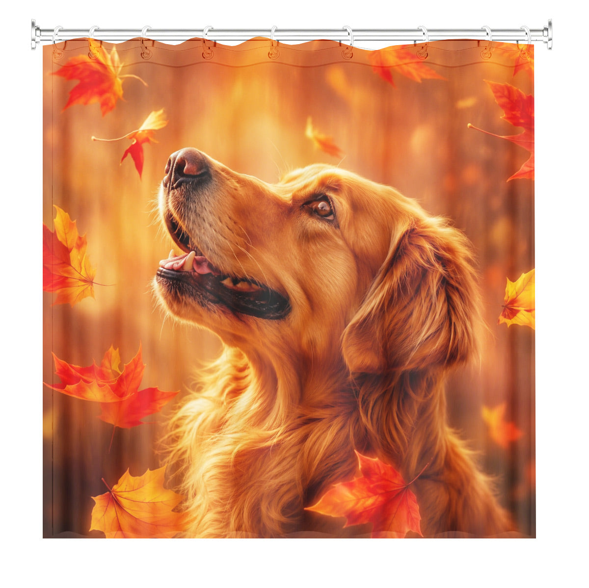 Autumn Dog Portrait Shower Curtain Cozy Fall Leaf Bathroom Decor