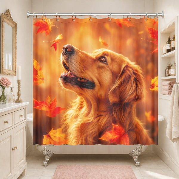 Autumn Dog Portrait Shower Curtain Cozy Fall Leaf Bathroom Decor