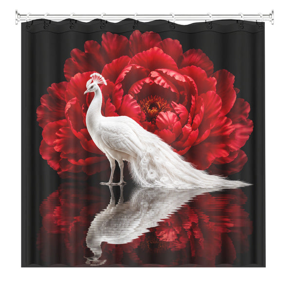 Luxury White Peacock Shower Curtain Bold Red Floral Bath Decor