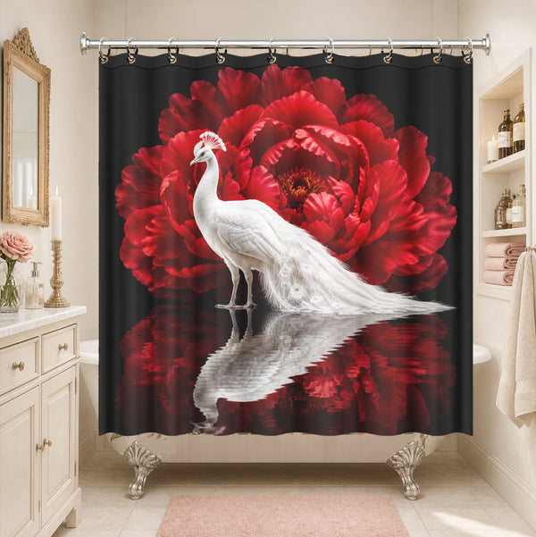 Luxury White Peacock Shower Curtain Bold Red Floral Bath Decor