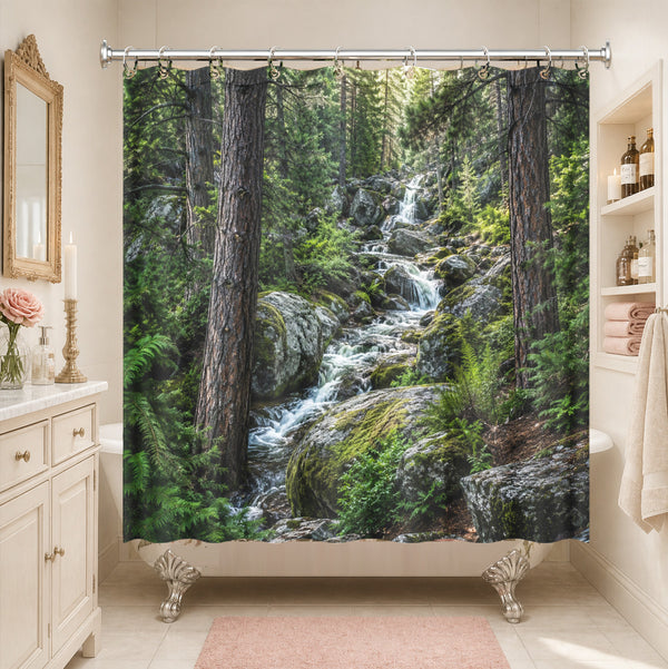 Realistic Forest Waterfall Shower Curtain Scenic Nature Bath Decor