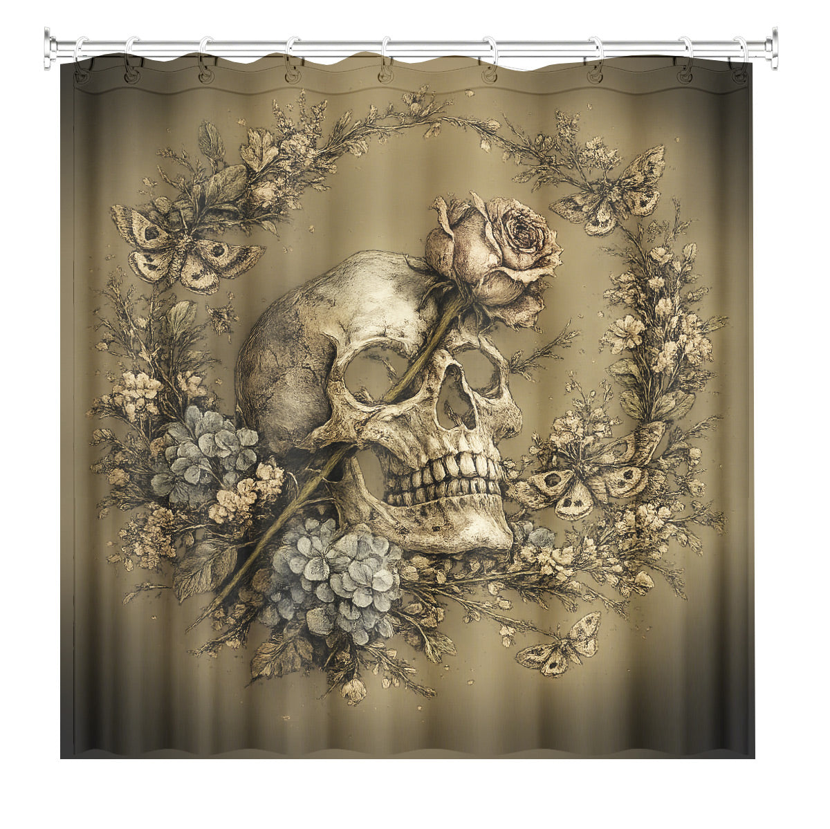 Vintage Skull Floral Shower Curtain Dark Academia Waterproof Decor