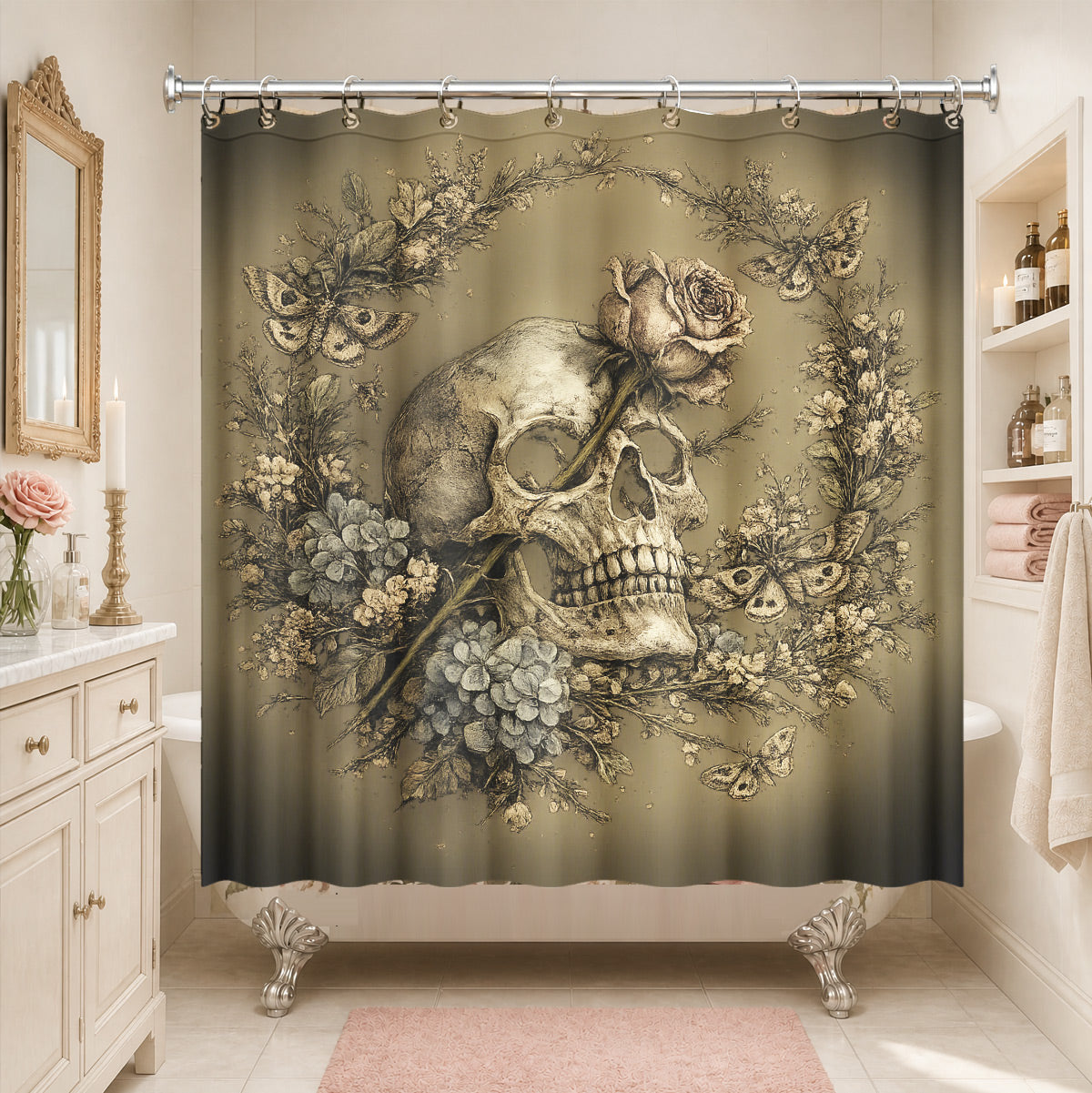 Vintage Skull Floral Shower Curtain Dark Academia Waterproof Decor