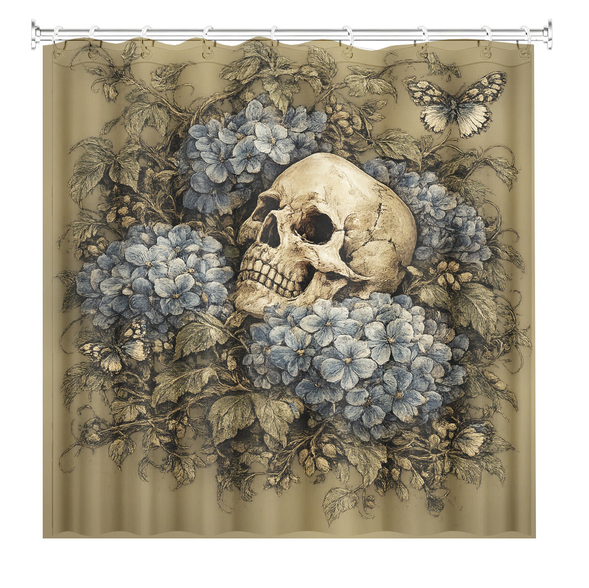 Vintage Skull Floral Shower Curtain Dark Academia Waterproof Decor