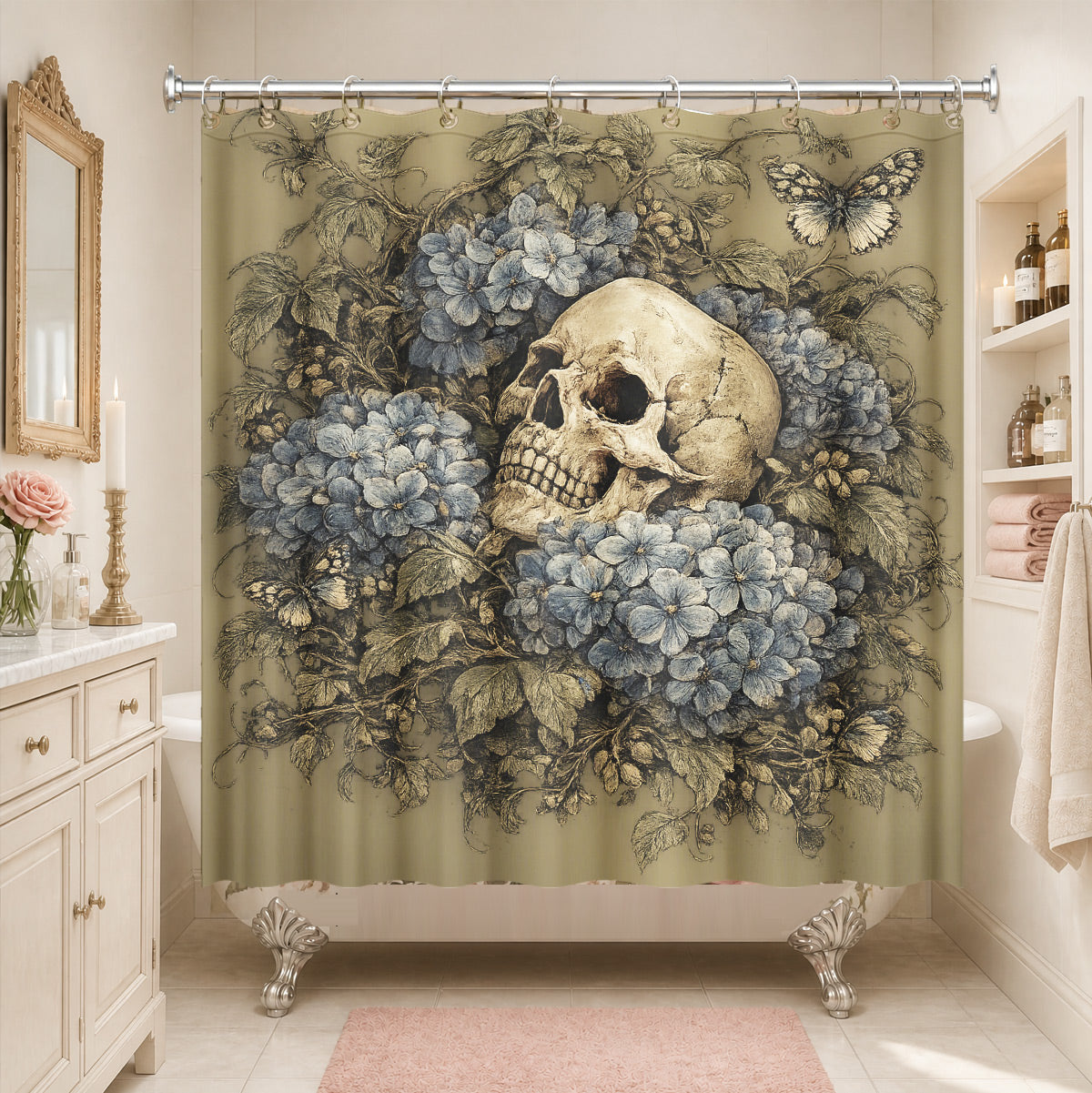 Vintage Skull Floral Shower Curtain Dark Academia Waterproof Decor