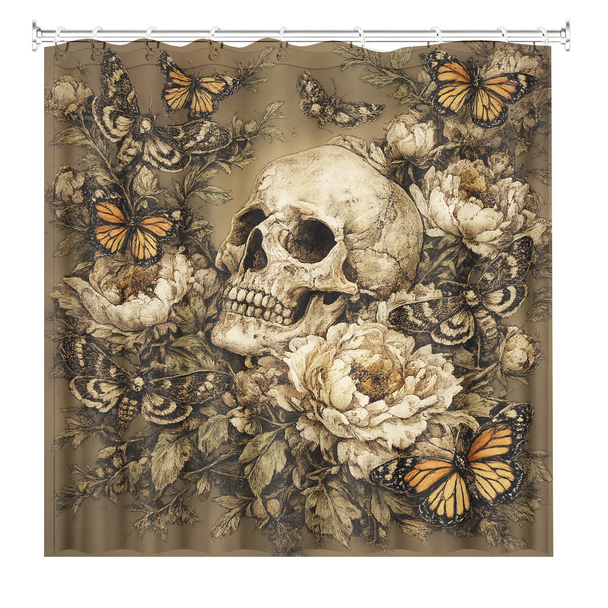 Vintage Skull Floral Shower Curtain Dark Academia Waterproof Decor