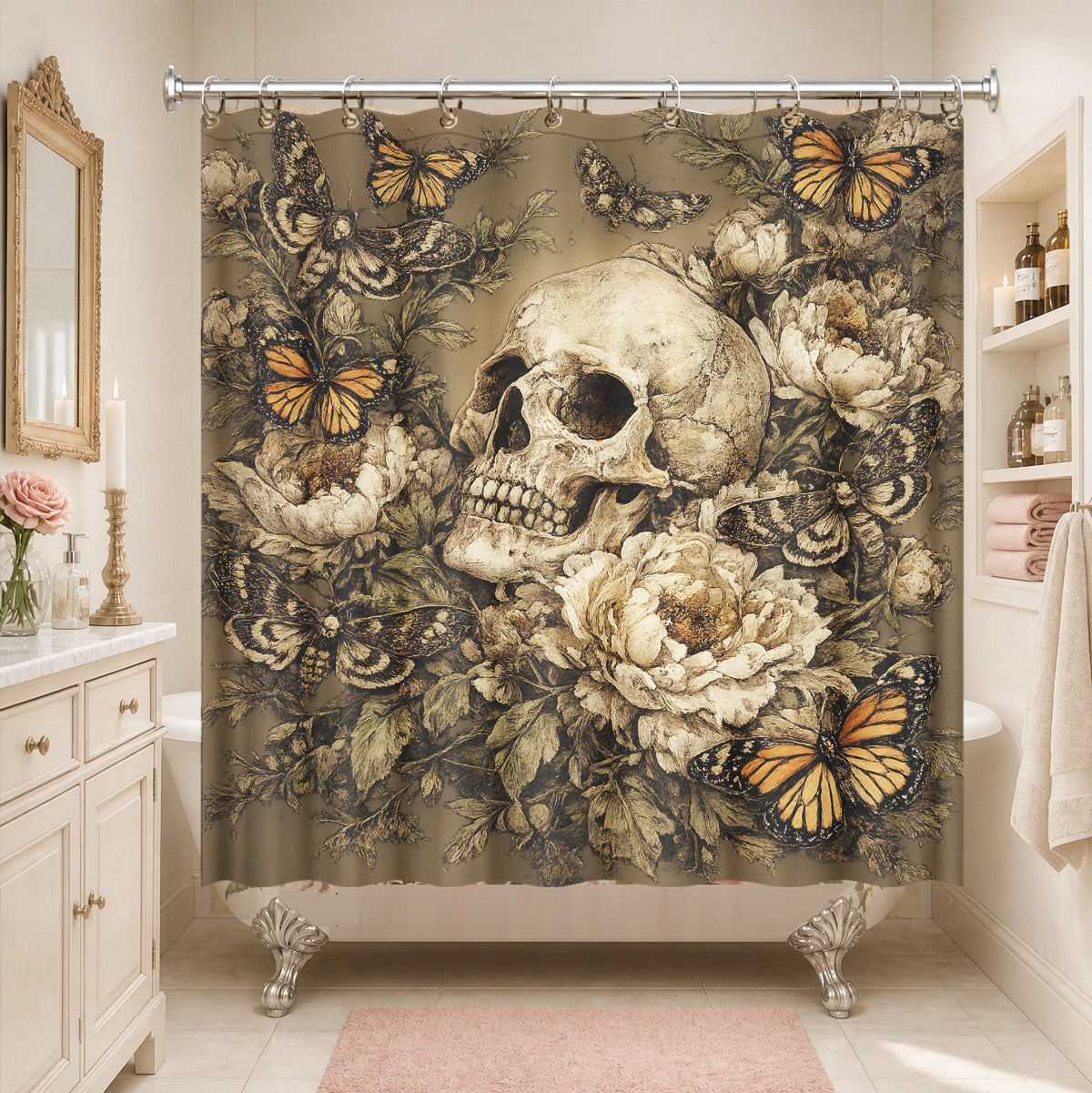 Vintage Skull Floral Shower Curtain Dark Academia Waterproof Decor