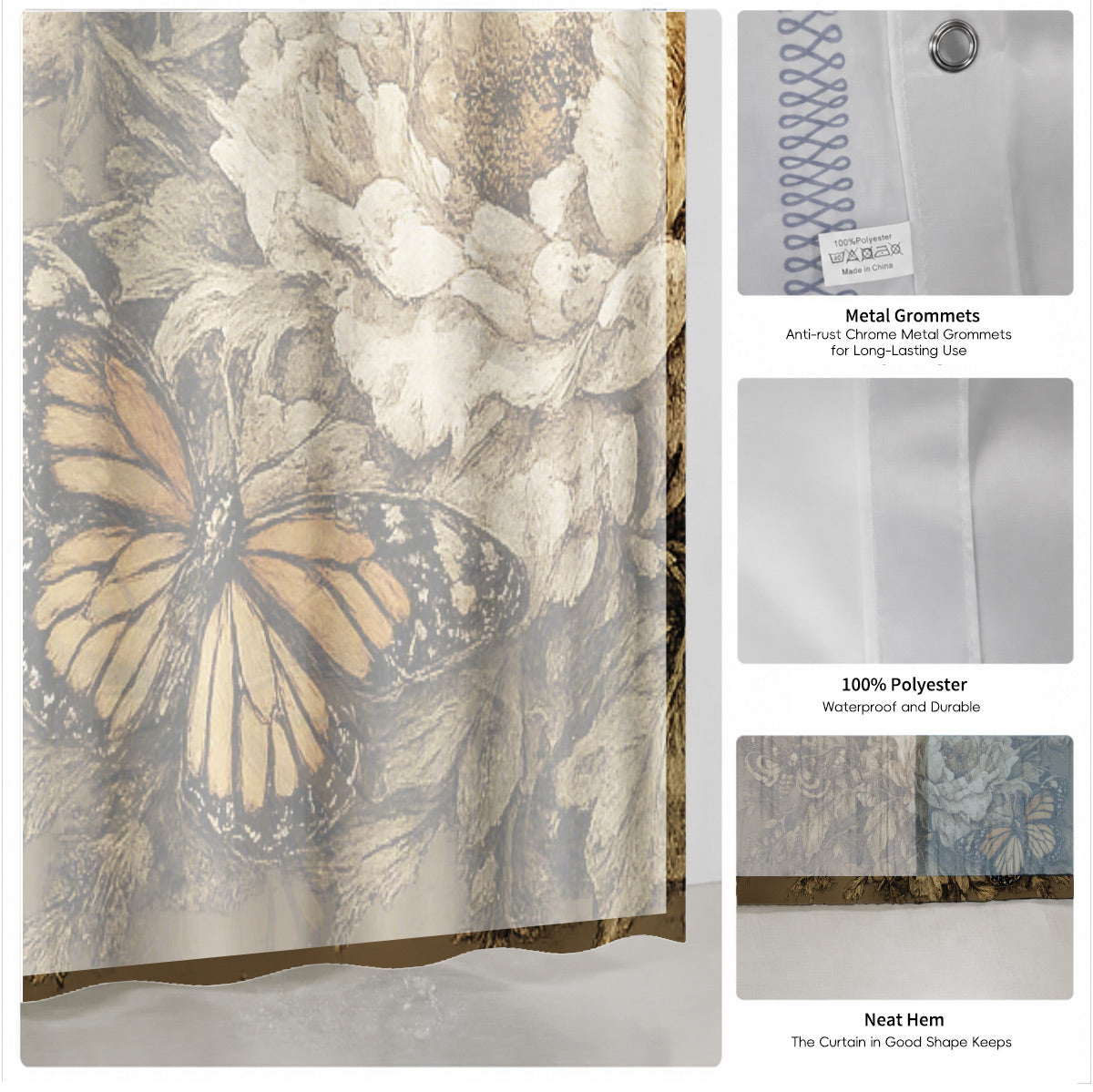 Vintage Skull Floral Shower Curtain Dark Academia Waterproof Decor