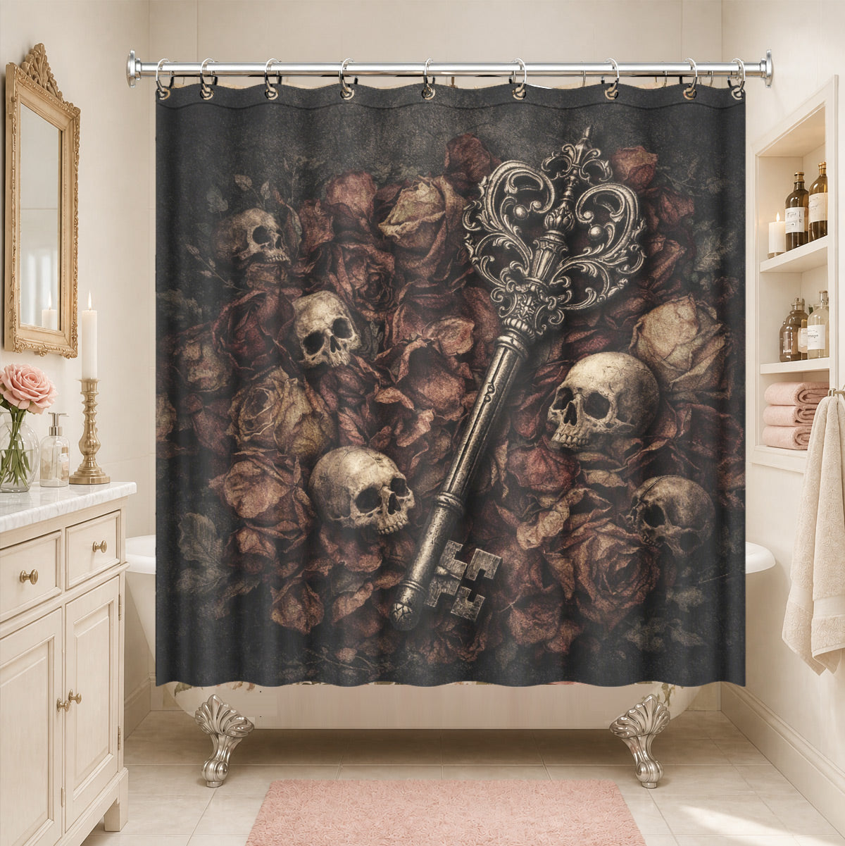 Vintage Skull Floral Shower Curtain Dark Academia Waterproof Decor