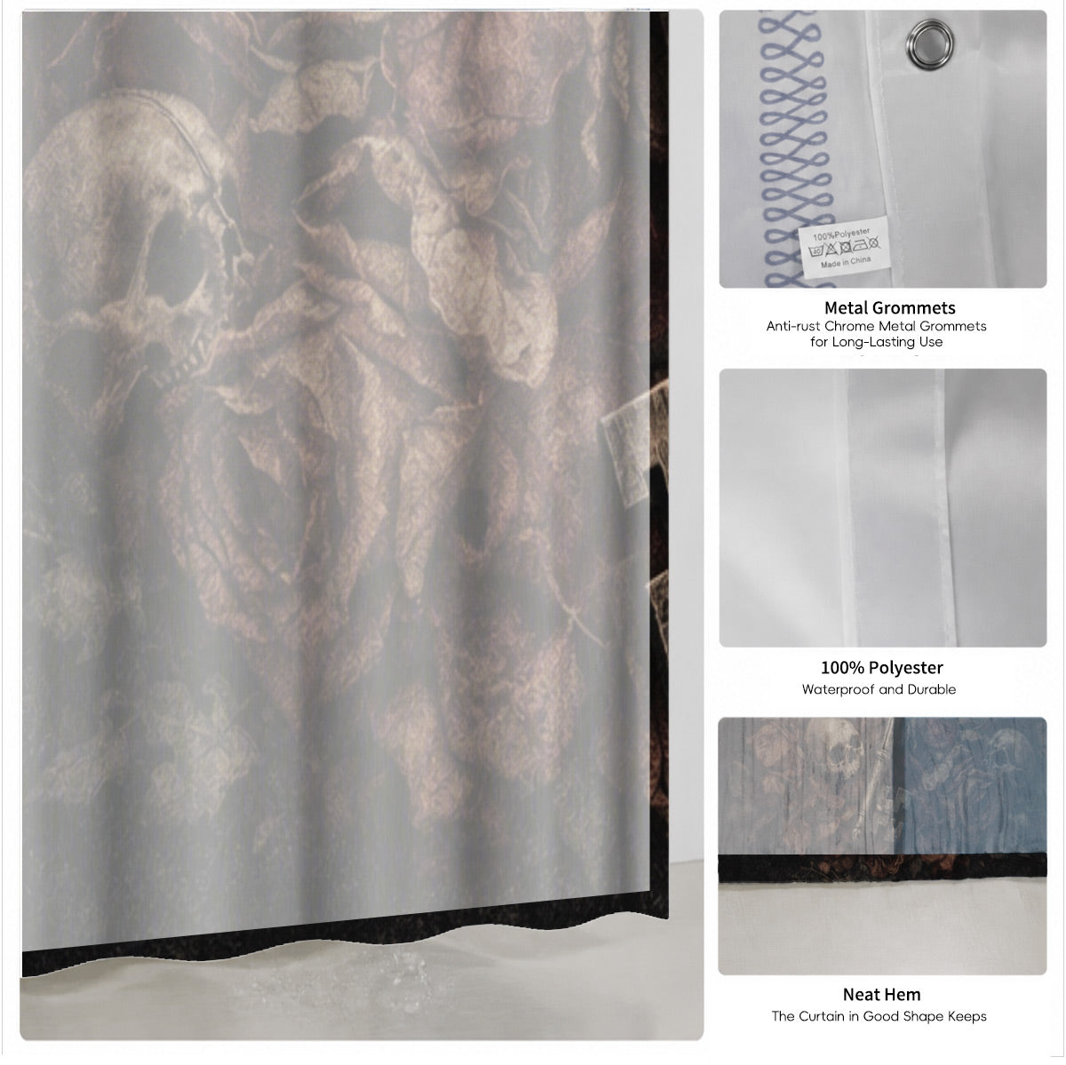 Vintage Skull Floral Shower Curtain Dark Academia Waterproof Decor