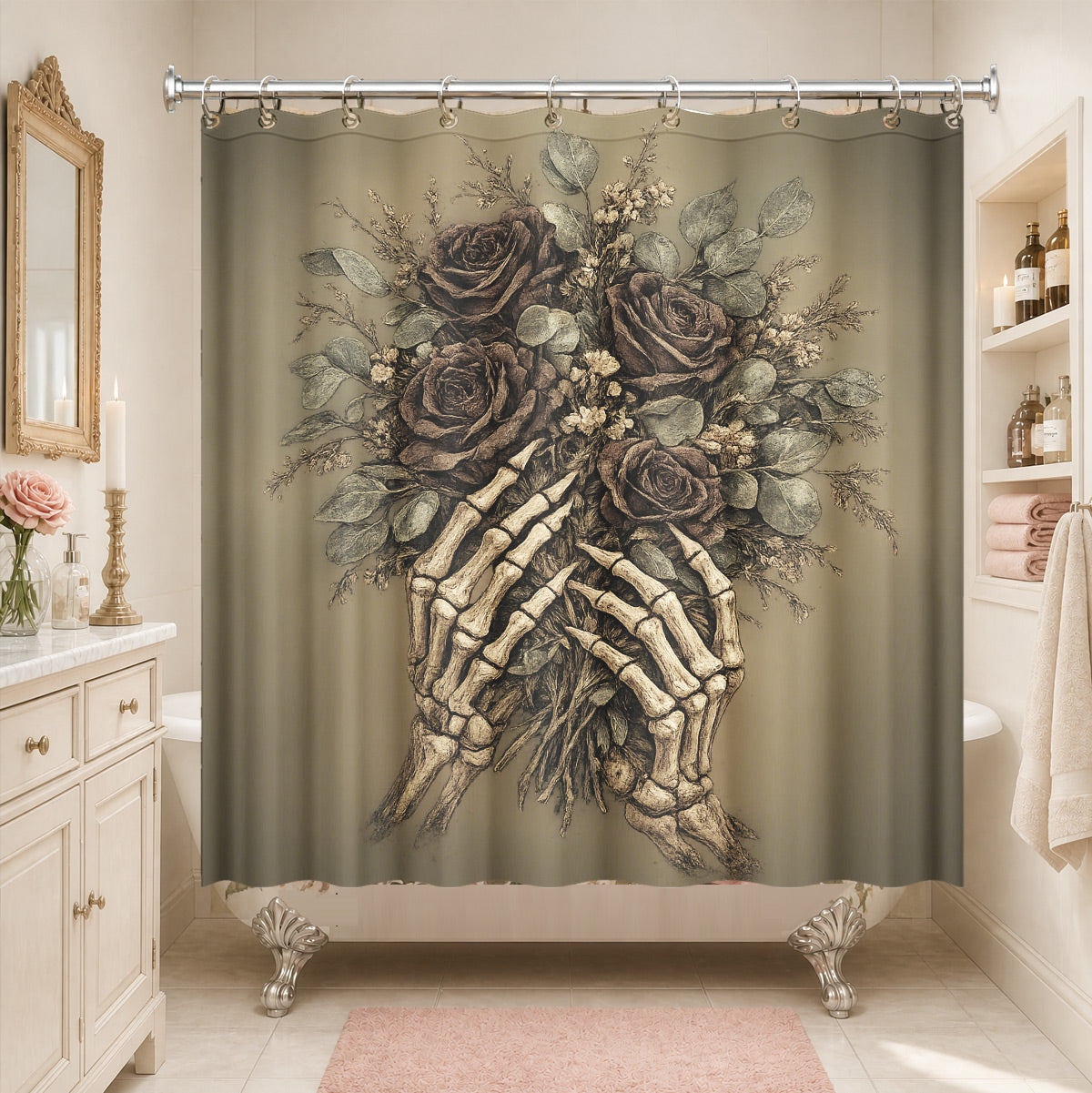 Vintage Skull Floral Shower Curtain Dark Academia Waterproof Decor