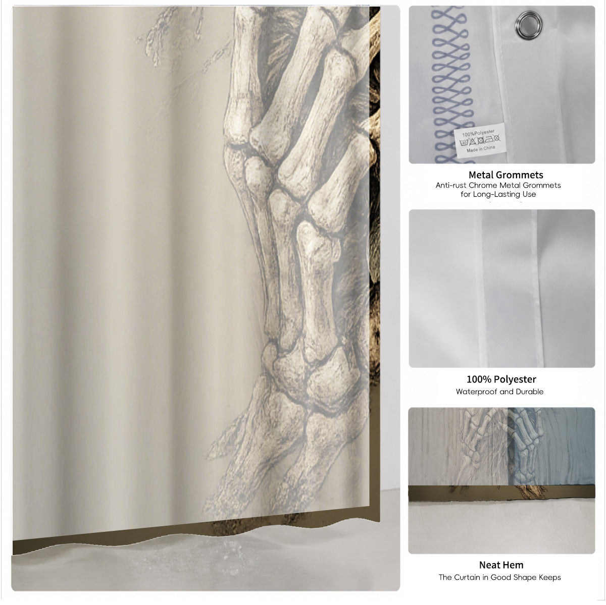 Vintage Skull Floral Shower Curtain Dark Academia Waterproof Decor