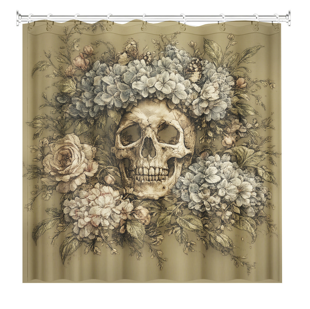 Vintage Skull Floral Shower Curtain Dark Academia Waterproof Decor