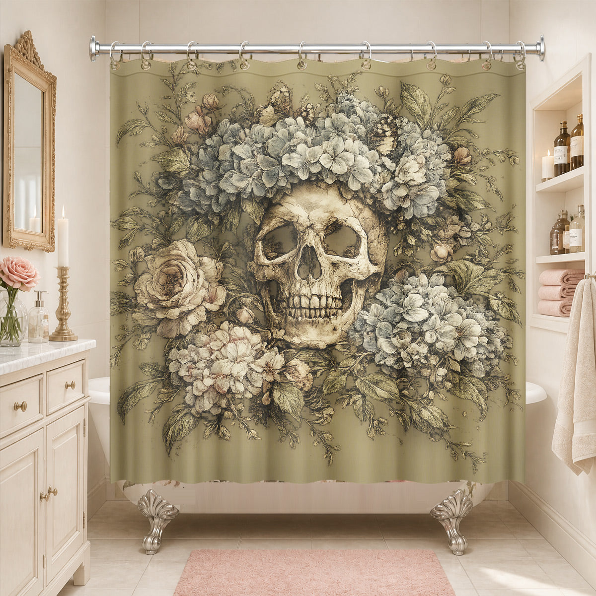 Vintage Skull Floral Shower Curtain Dark Academia Waterproof Decor