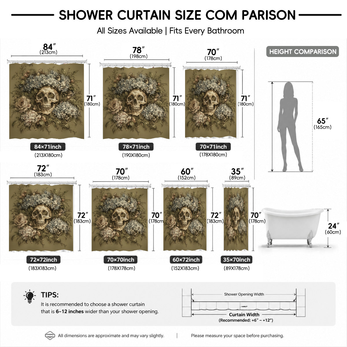 Vintage Skull Floral Shower Curtain Dark Academia Waterproof Decor
