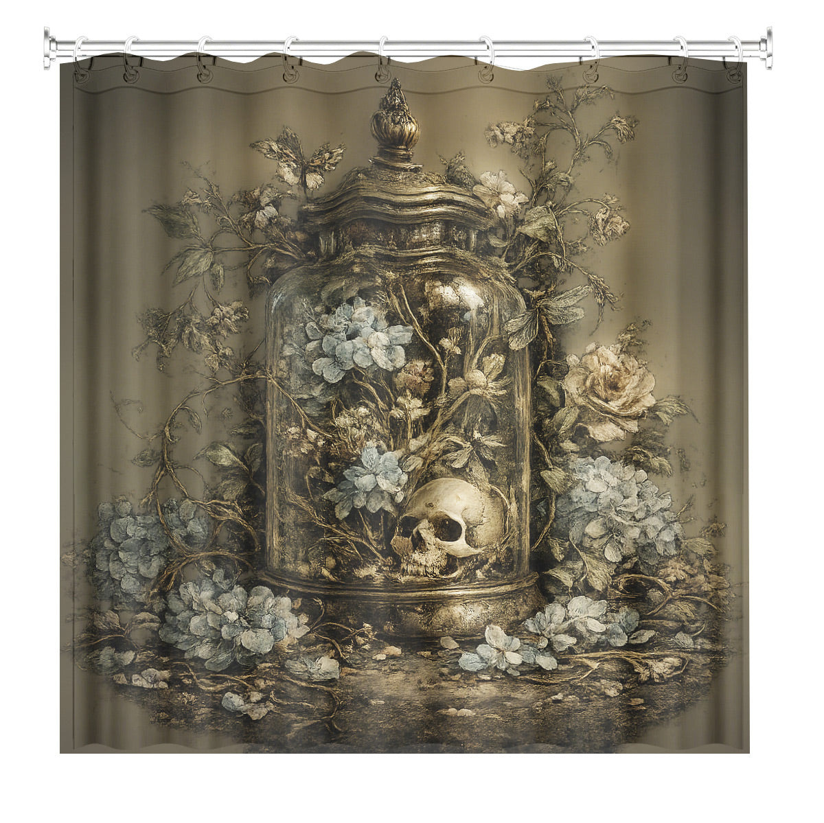 Vintage Skull Floral Shower Curtain Dark Academia Waterproof Decor