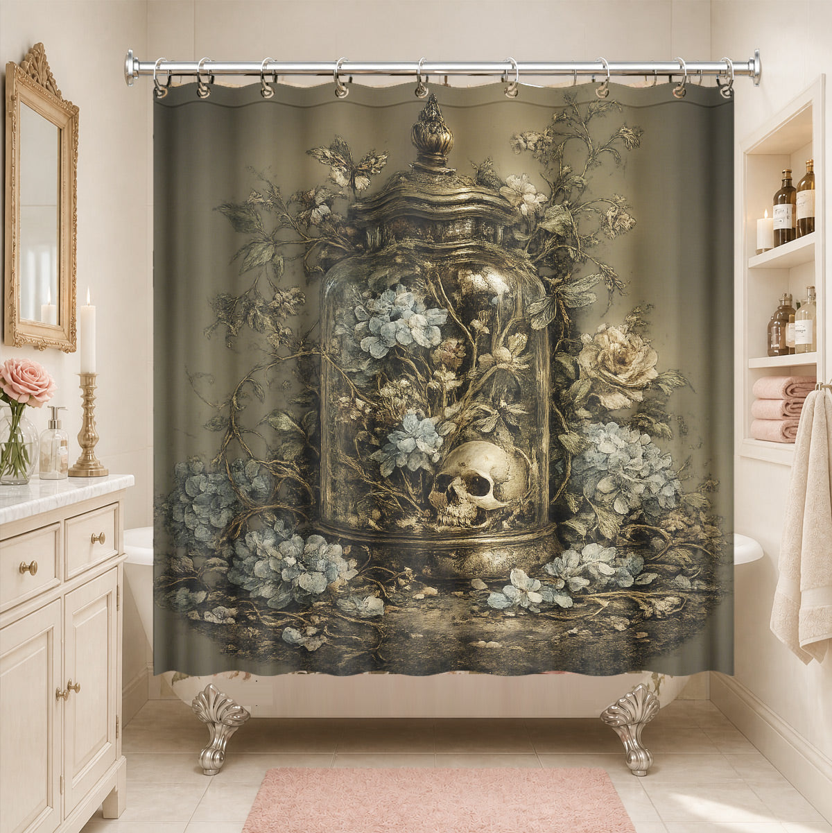 Vintage Skull Floral Shower Curtain Dark Academia Waterproof Decor