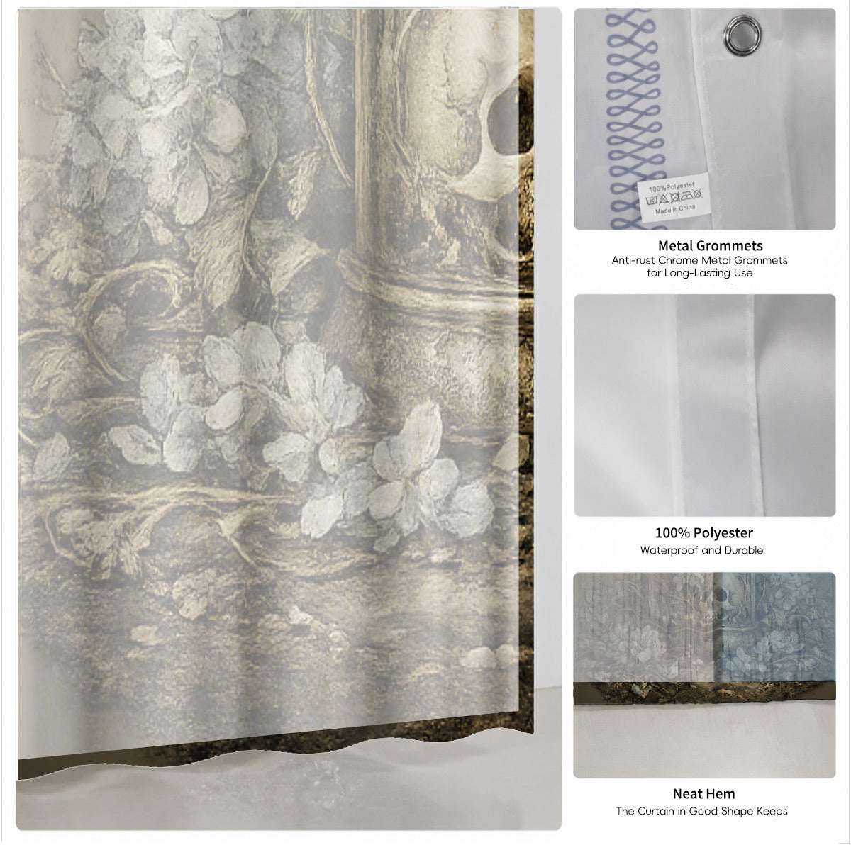Vintage Skull Floral Shower Curtain Dark Academia Waterproof Decor