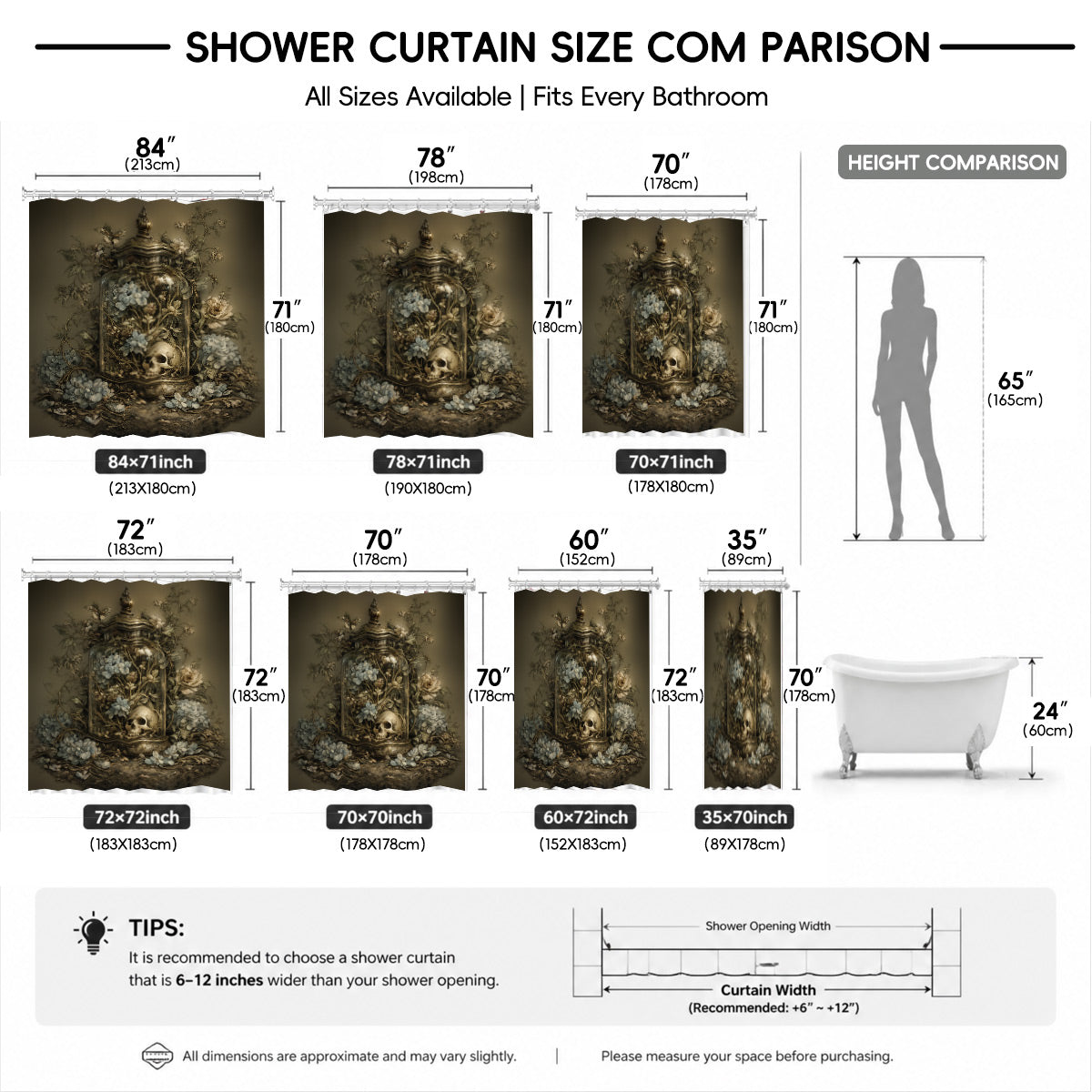 Vintage Skull Floral Shower Curtain Dark Academia Waterproof Decor