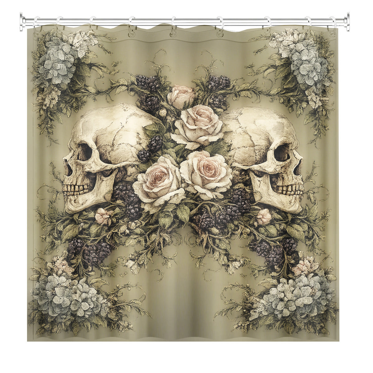 Vintage Skull Floral Shower Curtain Dark Academia Waterproof Decor