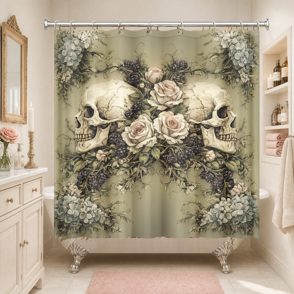 Vintage Skull Floral Shower Curtain Dark Academia Waterproof Decor
