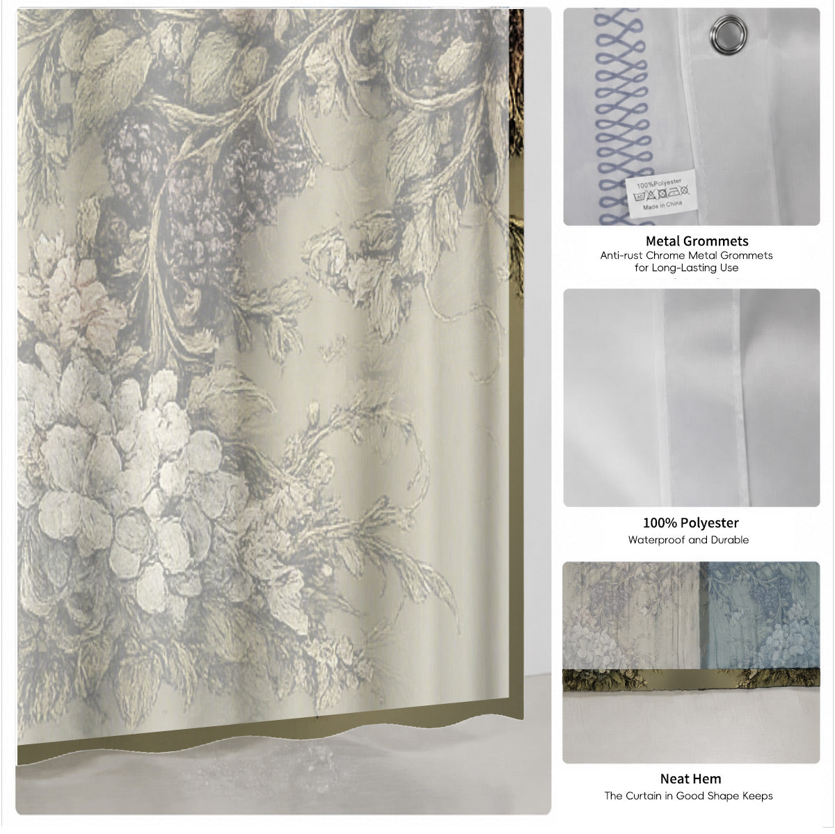 Vintage Skull Floral Shower Curtain Dark Academia Waterproof Decor