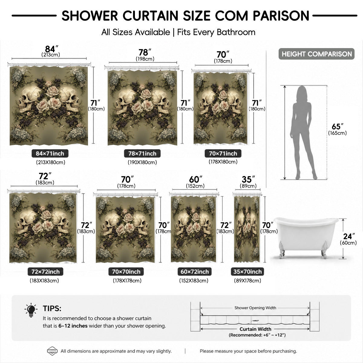 Vintage Skull Floral Shower Curtain Dark Academia Waterproof Decor