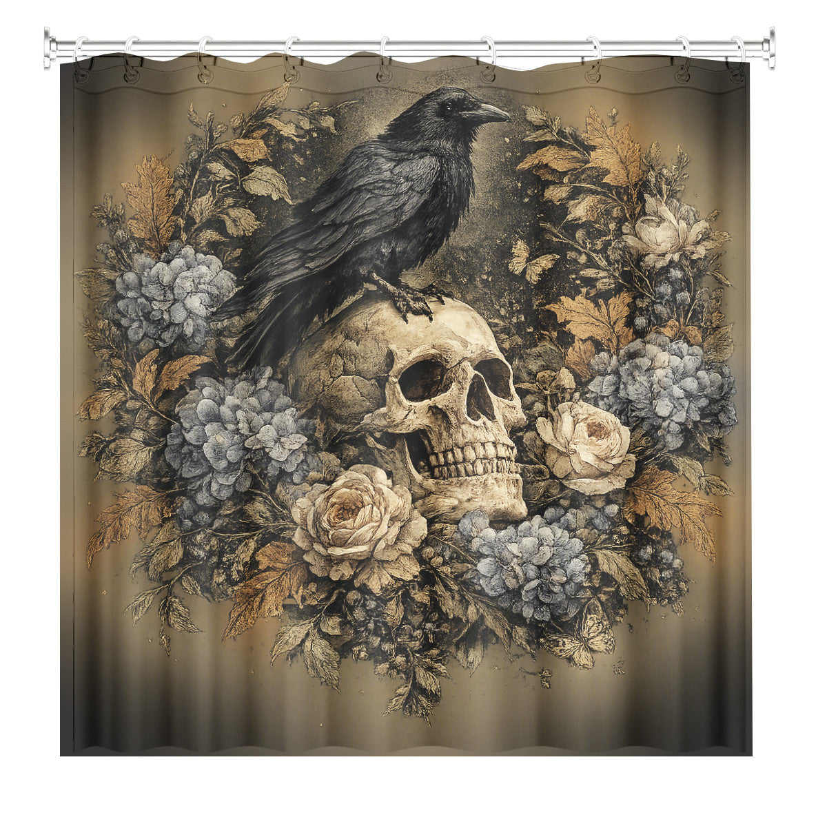 Vintage Skull Floral Shower Curtain Dark Academia Waterproof Decor