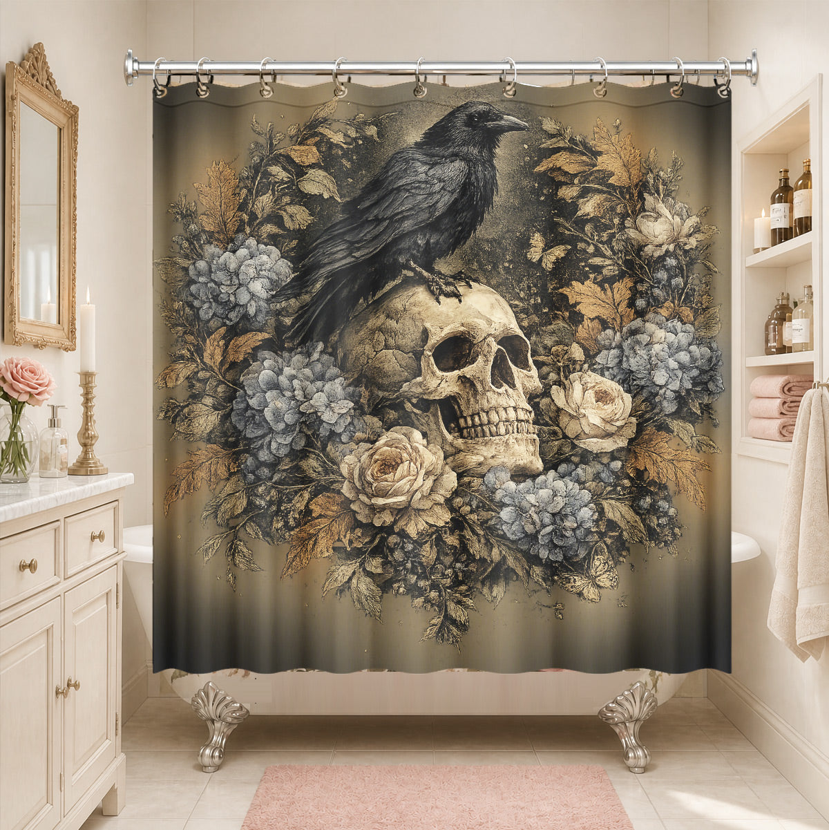 Vintage Skull Floral Shower Curtain Dark Academia Waterproof Decor