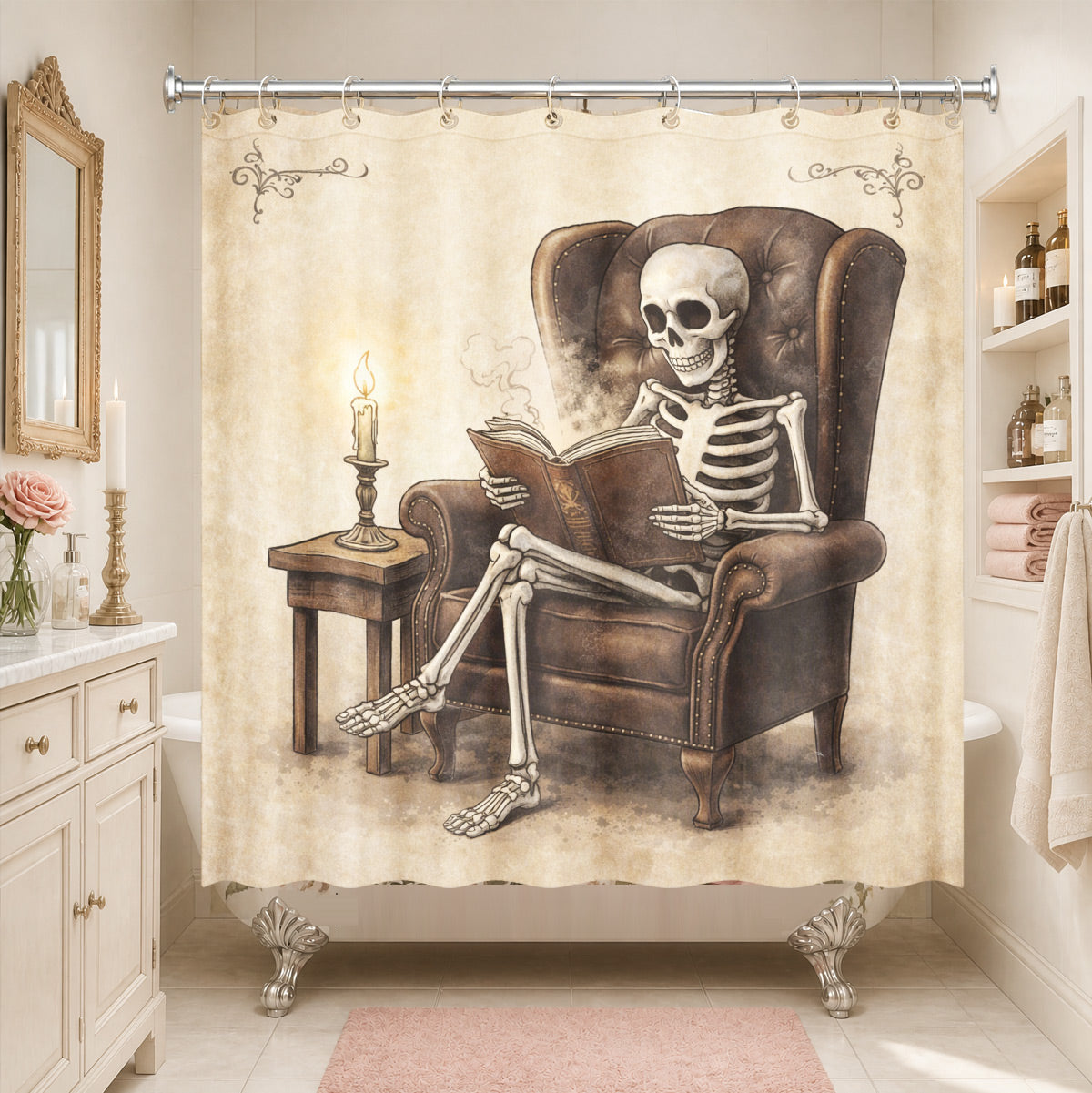 Quirky Vintage Skeleton Shower Curtain Gothic Humor Waterproof Bath Decor