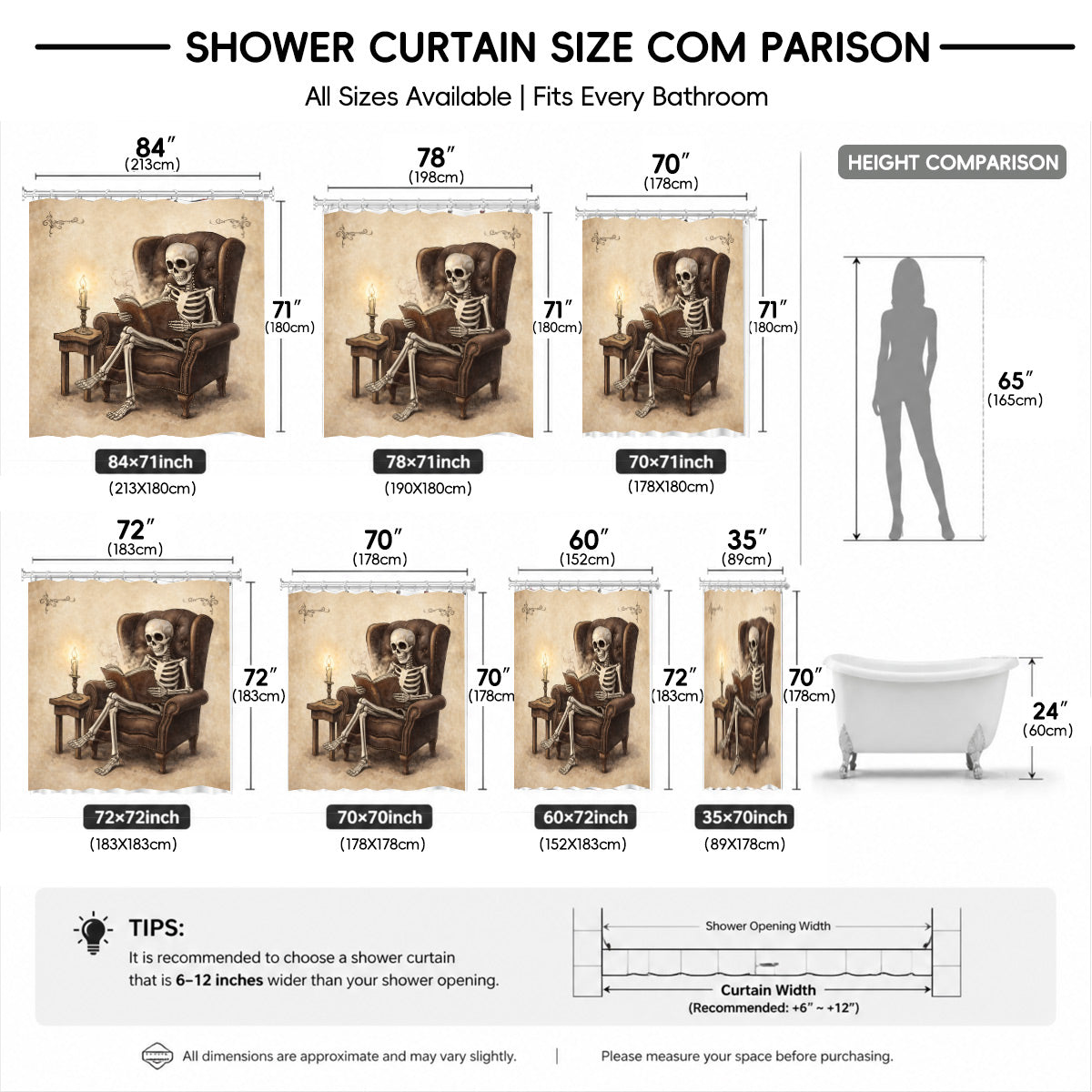 Quirky Vintage Skeleton Shower Curtain Gothic Humor Waterproof Bath Decor