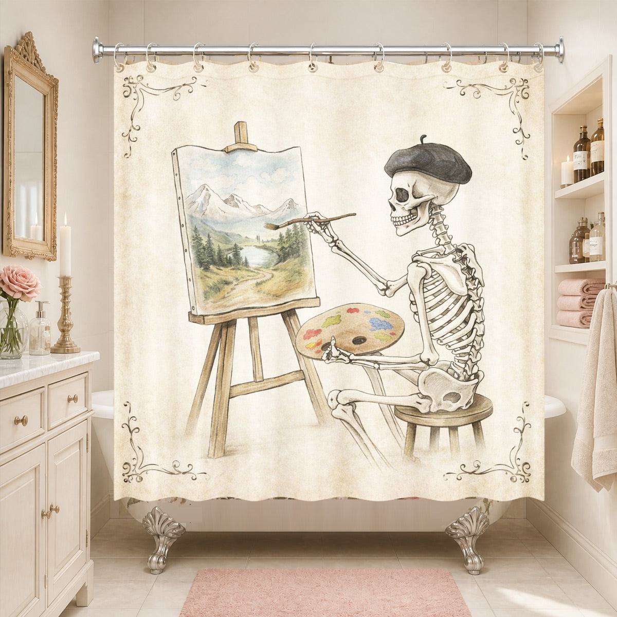 Quirky Vintage Skeleton Shower Curtain Gothic Humor Waterproof Bath Decor