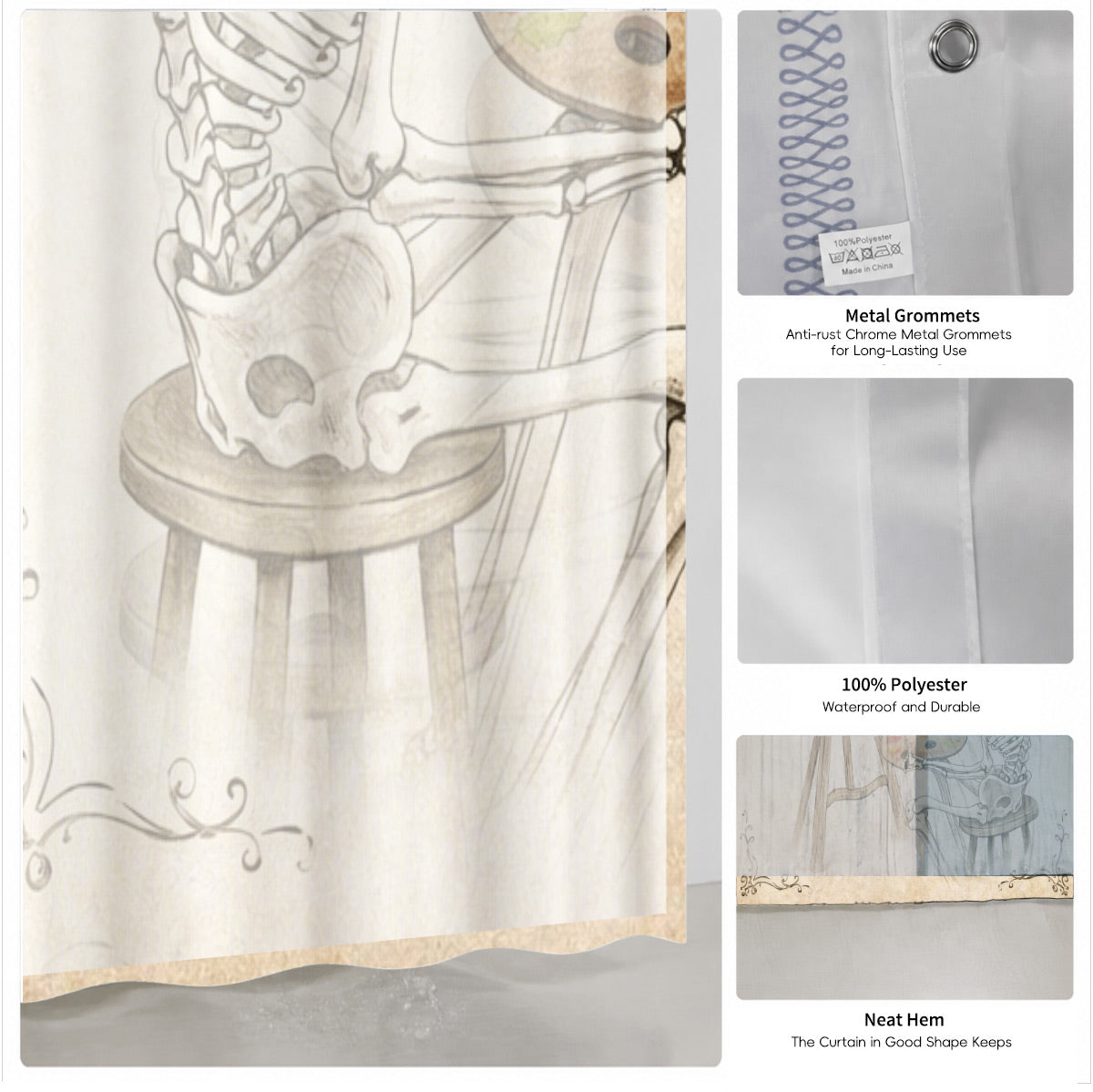 Quirky Vintage Skeleton Shower Curtain Gothic Humor Waterproof Bath Decor
