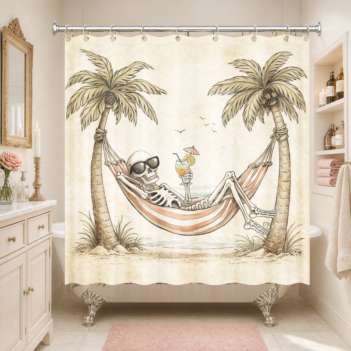 Quirky Vintage Skeleton Shower Curtain Gothic Humor Waterproof Bath Decor