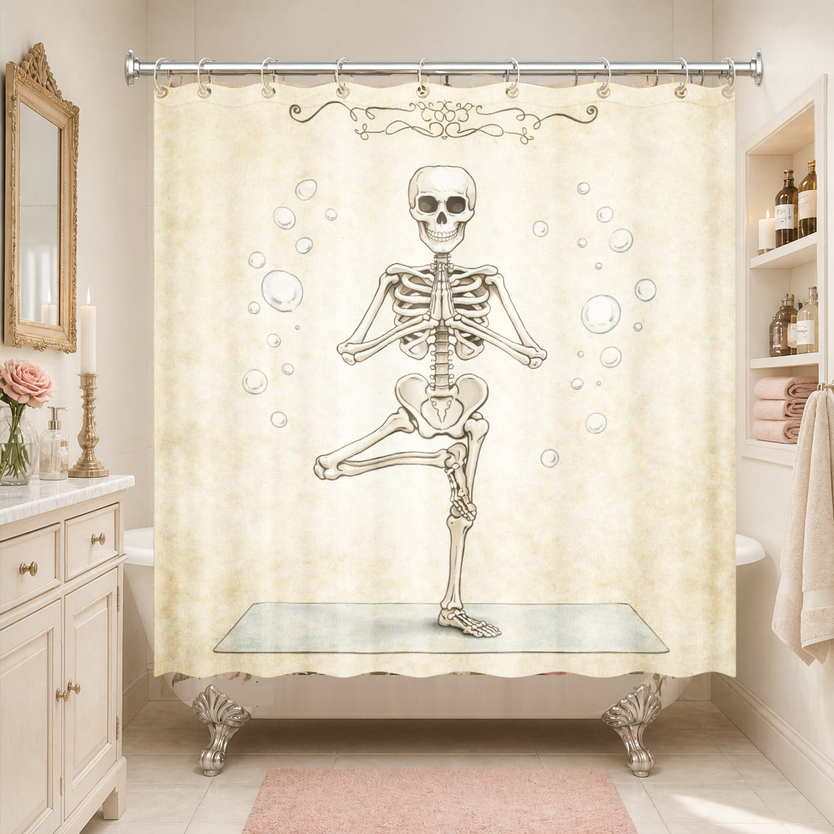 Quirky Vintage Skeleton Shower Curtain Gothic Humor Waterproof Bath Decor