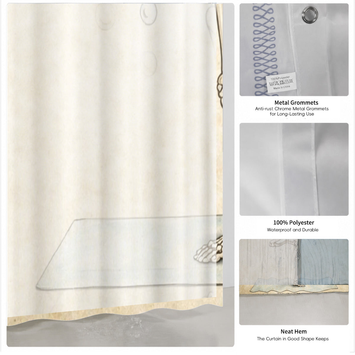 Quirky Vintage Skeleton Shower Curtain Gothic Humor Waterproof Bath Decor