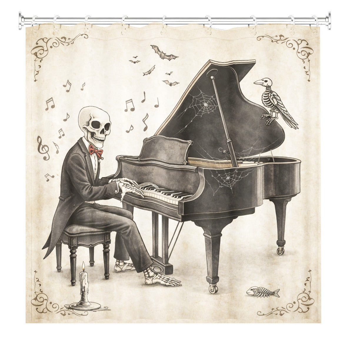 Quirky Vintage Skeleton Shower Curtain Gothic Humor Waterproof Bath Decor