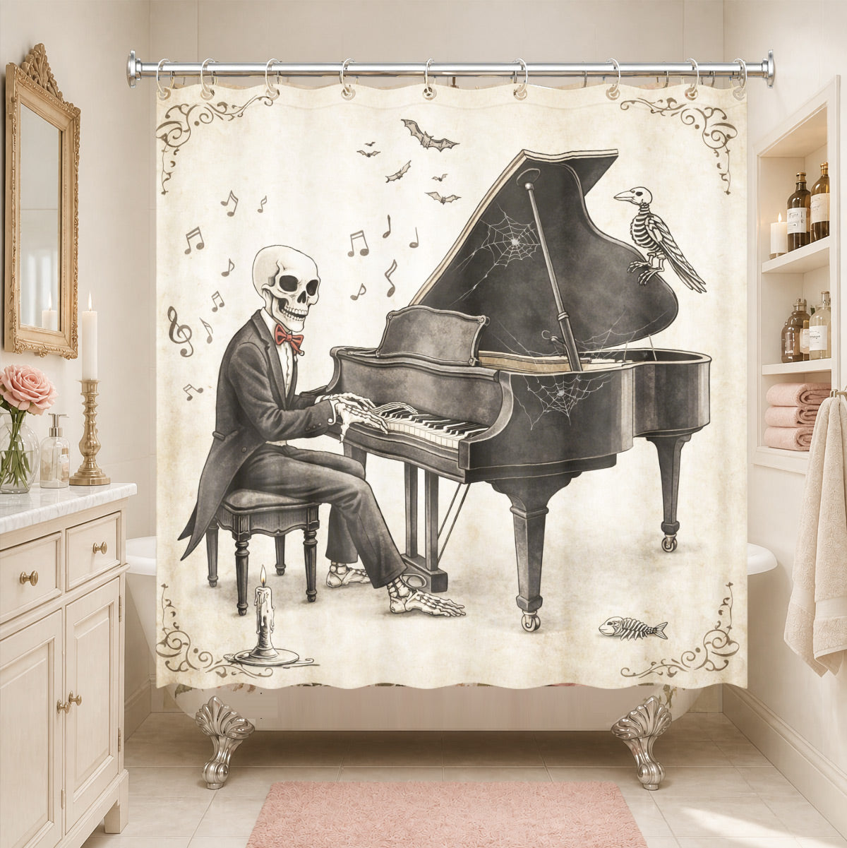 Quirky Vintage Skeleton Shower Curtain Gothic Humor Waterproof Bath Decor