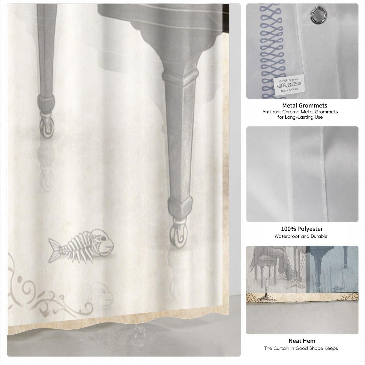 Quirky Vintage Skeleton Shower Curtain Gothic Humor Waterproof Bath Decor