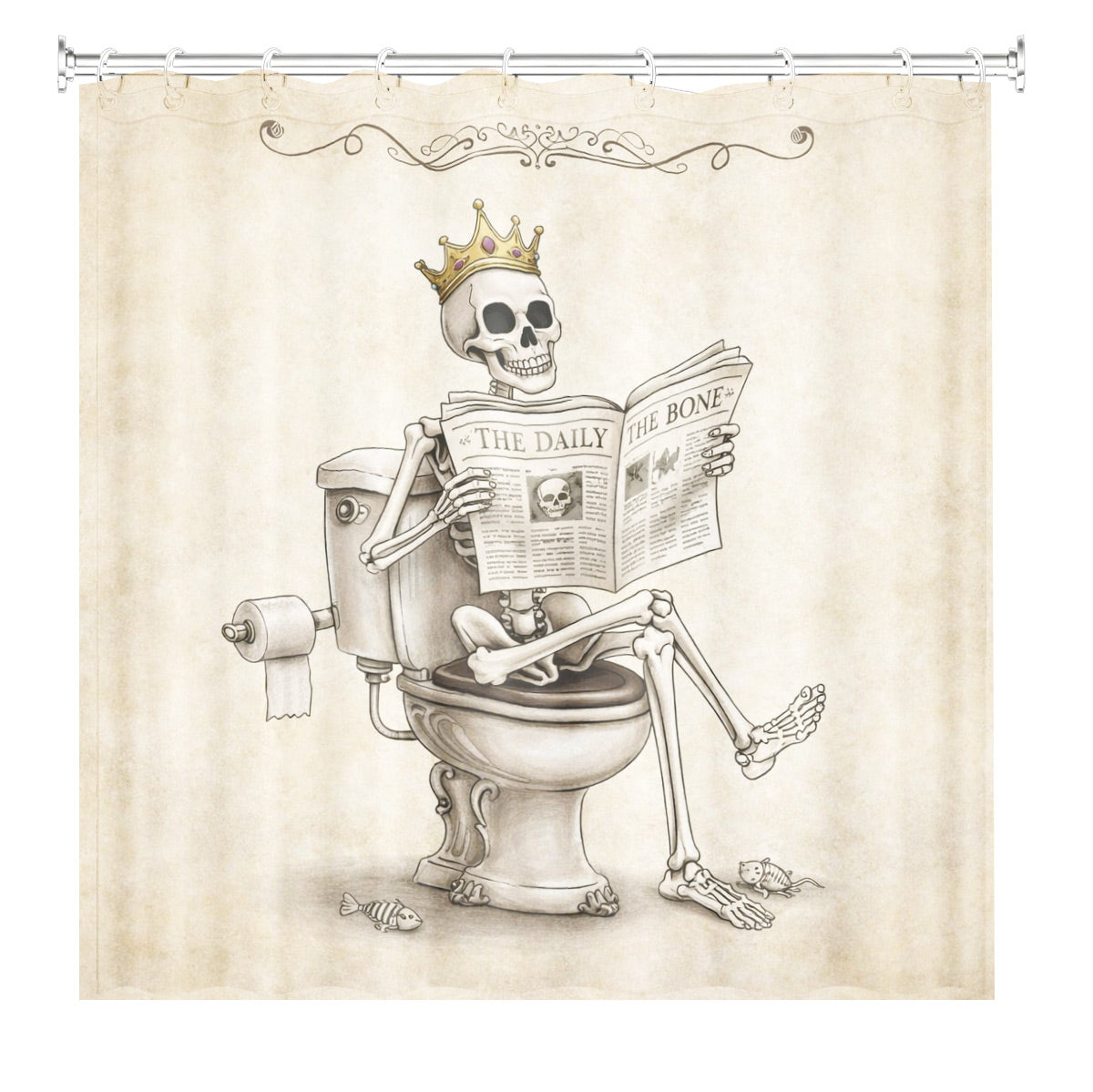 Quirky Vintage Skeleton Shower Curtain Gothic Humor Waterproof Bath Decor