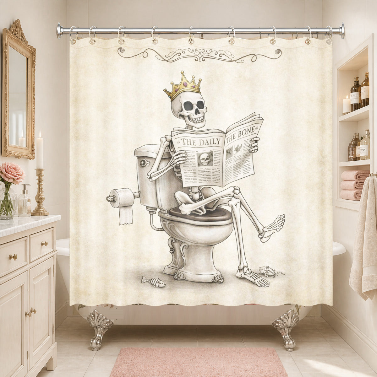 Quirky Vintage Skeleton Shower Curtain Gothic Humor Waterproof Bath Decor